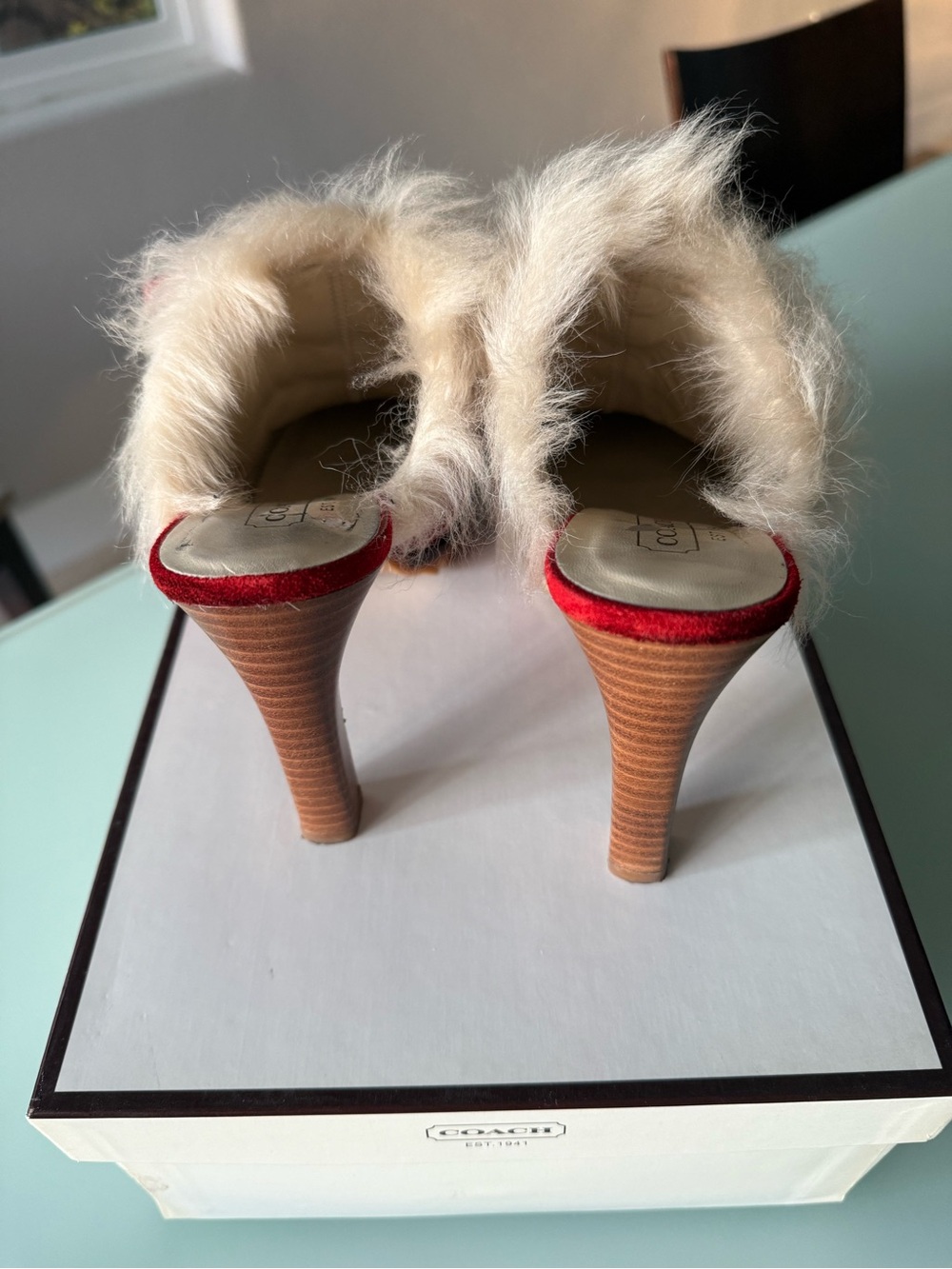 Coach Red Suede Leather Fur High Heel Mule Size 6 1/2 - Picture 8 of 9